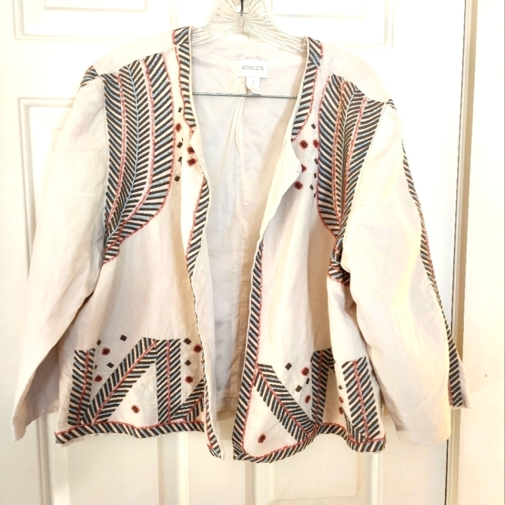 Chicos Size 3 Beaded Embroidered Jacket Cotton Linen Cream Open Front